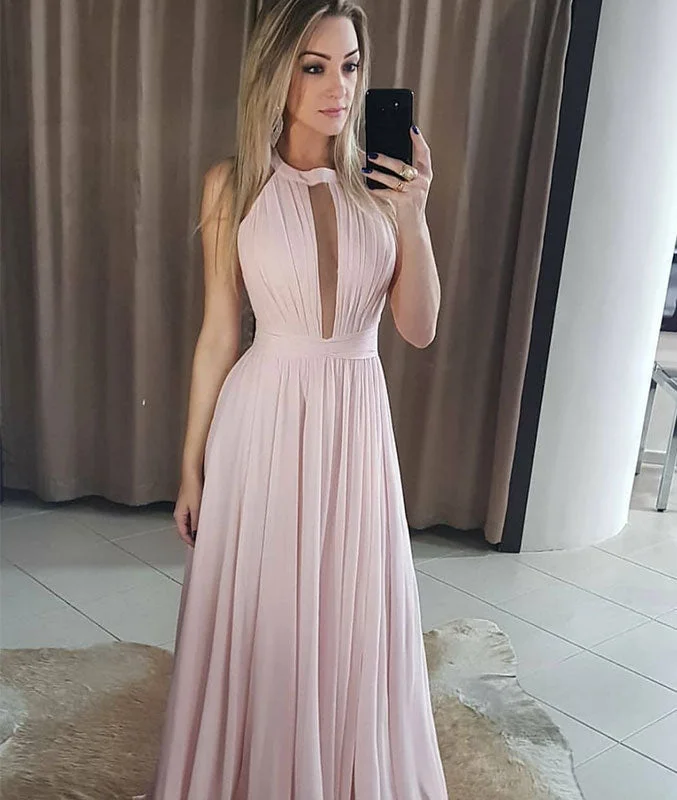 Simple pink chiffon long prom dress, pink evening dress A-Line Day Work