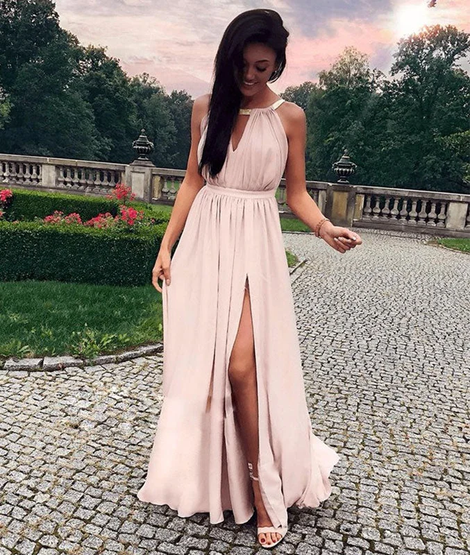 Simple pink long prom dress, pink evening dress Off-the-shoulder Bohemian Festive