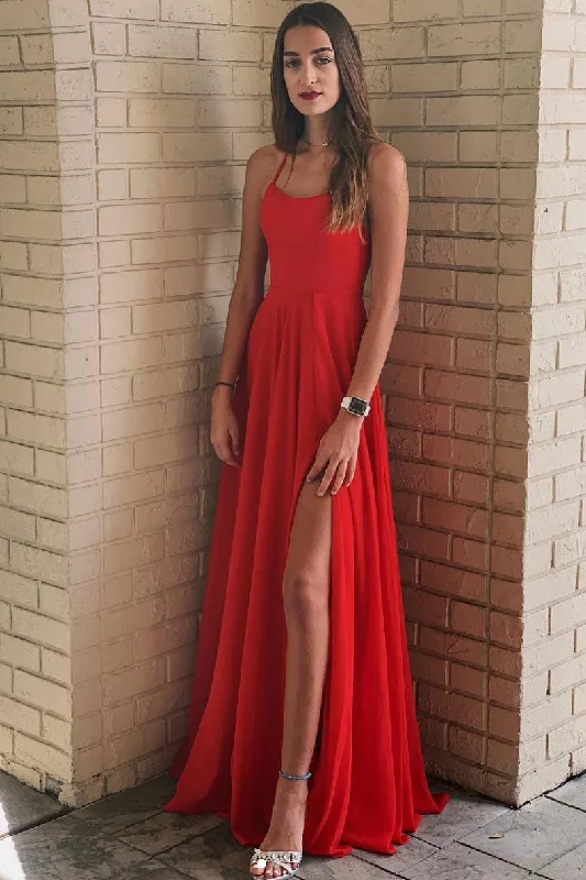 Simple red chiffon long prom dress, red evening dress Bodycon Fitted Nightout