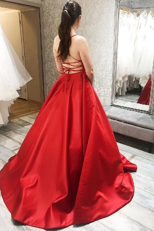 Simple red satin long prom dress red backless evening dress Tunics Yoga stretchy