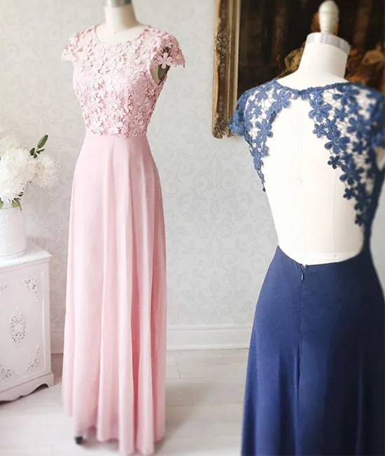 Simple round neck chiffon lace long prom dress. lace evening dress sweetheart Neckline Romantic