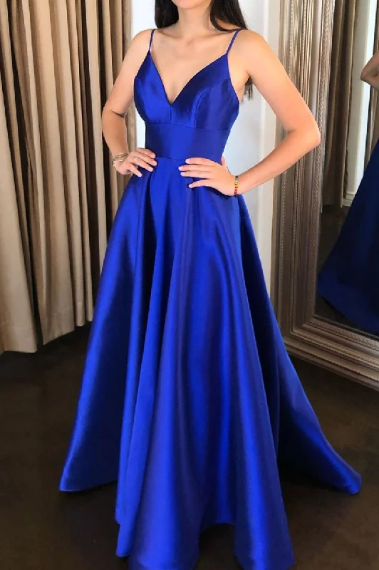 Simple v neck blue satin long prom dress blue evening dress Tunics Prom sequined