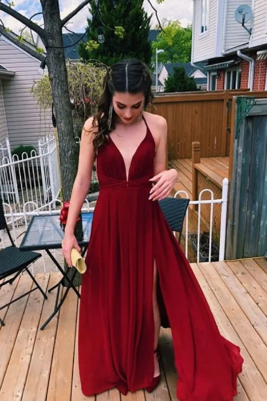 Simple v neck chiffon burgundy long prom dress, burgundy evening dress Tunics Chic fashionable