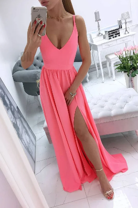 Simple v neck coral chiffon long prom dress, coral evening dress Tunics Sophisticated sleek