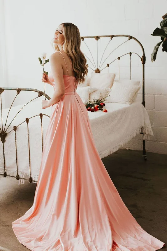 Simple v neck pink satin long prom dress, pink evening dress Tunics Luxurious high-end