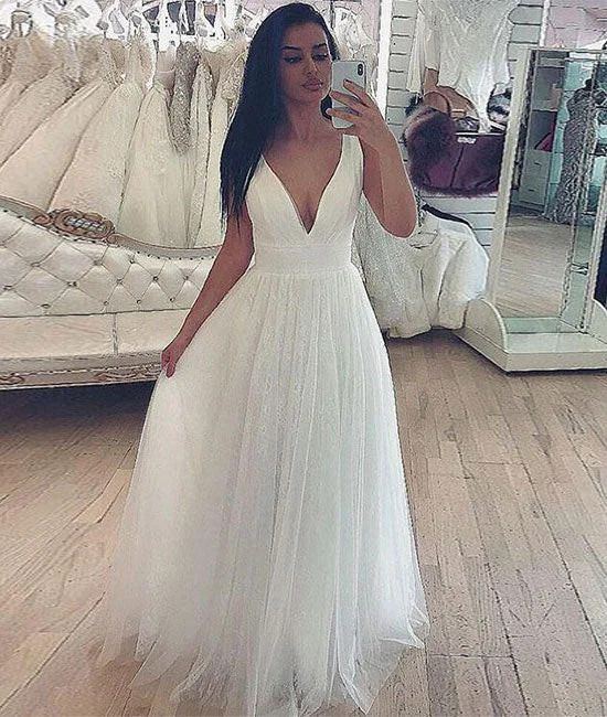 Simple v neck tulle white long prom dress, white evening dress Cowl Neckline Elegant