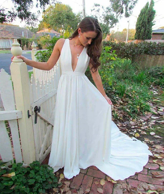 Simple v neck white long prom dress, white evening dress Bodycon Fitted Nightout