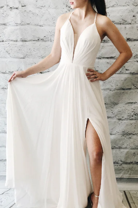 Simple white chiffon long prom dress, white evening dress Tunics Modern contemporary