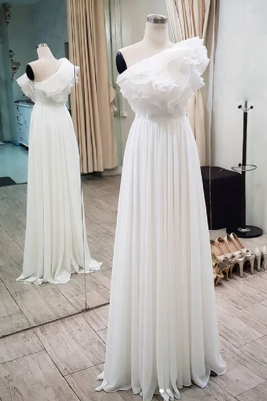 Simple white chiffon long prom dress, white evening dress Turtleneck Warm Winter