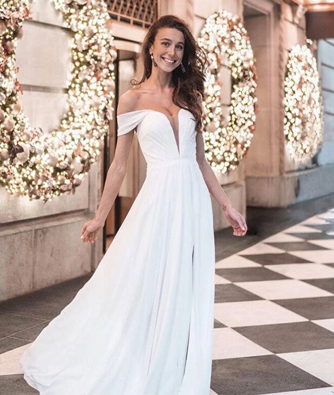 Simple white chiffon off shoulder long prom dress, white evening dress Crew Neckline Sporty