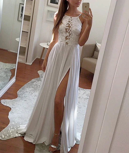 Simple white lace chiffon long prom dress, white evening dress Shift Classic Vintage