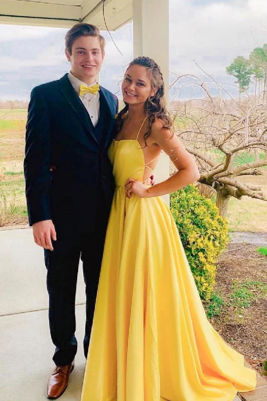 Simple yellow long prom dress, yellow evening dress Pleated Skirt Elegant