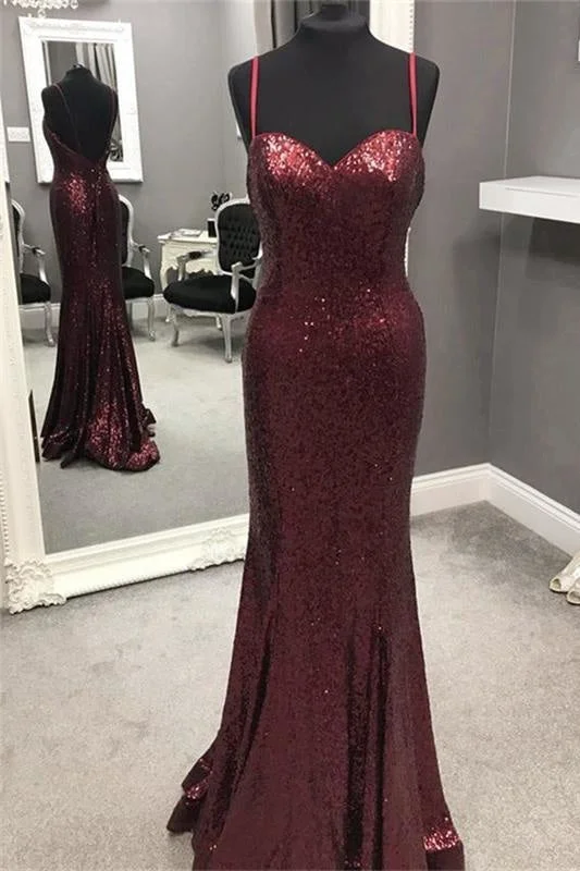 Spaghetti Strap Mermaid Sequined Prom Sparkly Floor Length Backless Evening Dress Tunics Sale discount