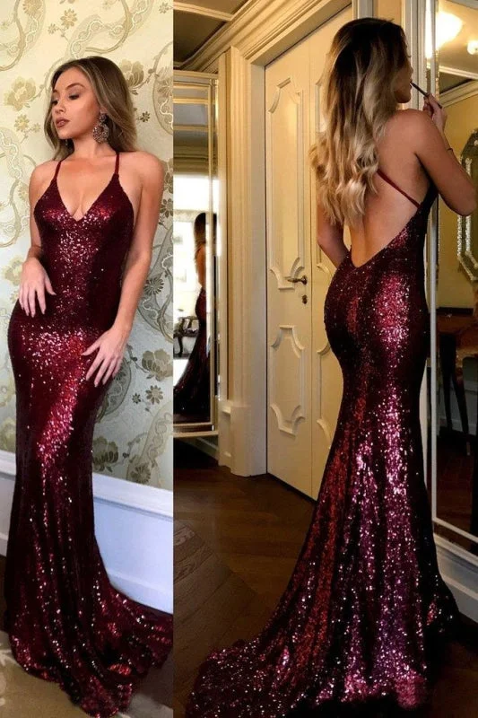 Sparkling Burgundy Sequins Mermaid V-neck Sweep Train Party Dress Prom Gown Tunics Satin smooth