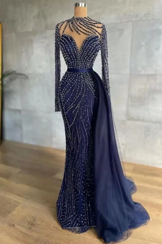 Stylish Navy Mermaid Evening Dress with Detachable Tail Crystals Beads Prom Dress High Neck Crew Neckline Casual