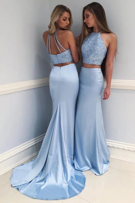 Stylish Sky Blue Two-Piece Beaded Long Prom Mermaid Evening Dress Tunics Winter warm