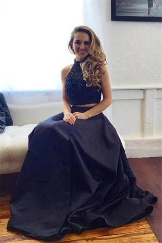 Two piece Black Satin Prom Dresses A-line Sleeveless Long Evening Dress Tunics New arrival