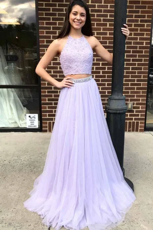 Two Piece Halter Lavender Prom With Beading Floor Length Tulle Evening Dress Tunics Review highly