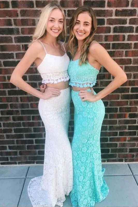 Two Piece Mermaid Spaghetti Straps Floor-Length Lace Prom Sexy Party Dress Tunics Luxurious high-end