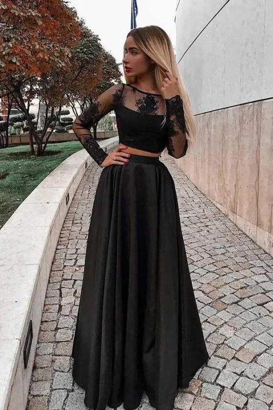 Two Piece Prom Long Sleeves Floor Length Evening Dress with Lace Tunics Chic fashionable