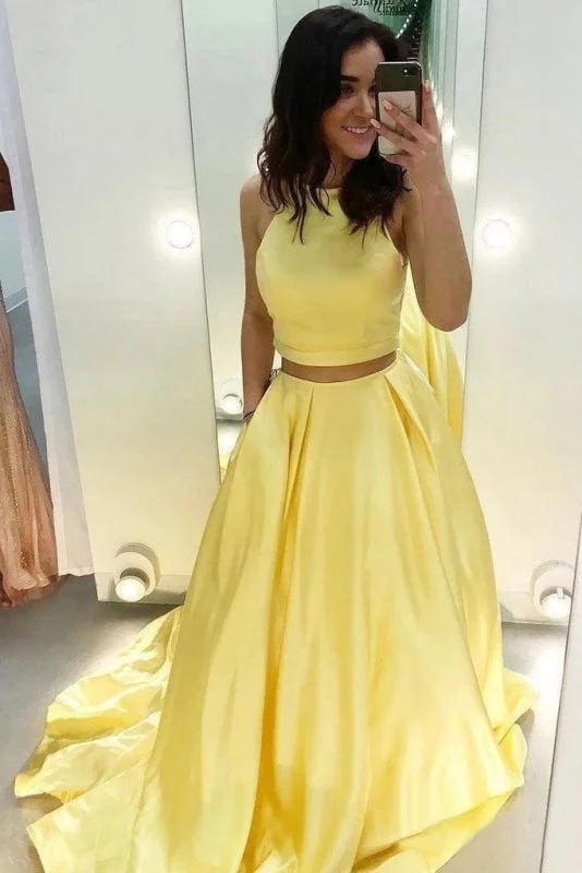 Two Piece Yellow Satin Formal Evening Dress Simple Long Prom Dresses Tunics Sophisticated sleek