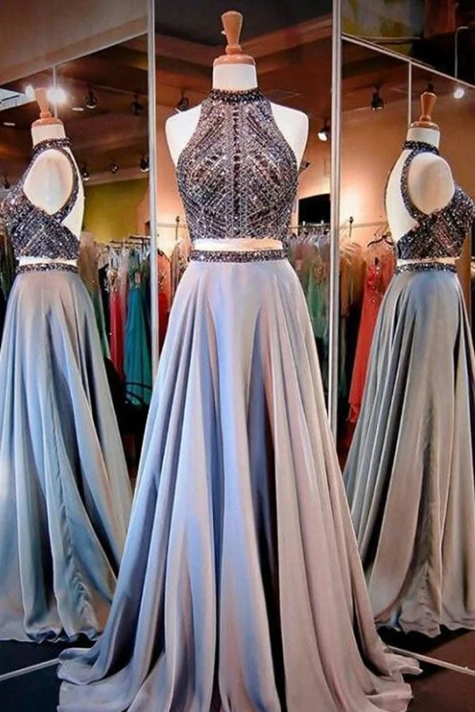 Two Pieces A-line Sparkle High Neck Beading Long Prom/Evening Dress Tunics Designer luxury