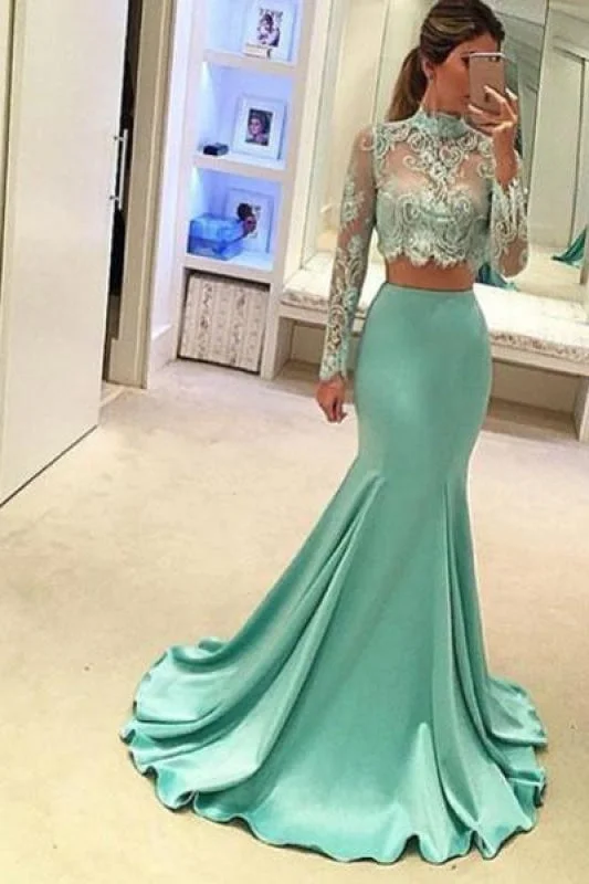 Two Pieces High Neck Long Sleeve Lace Prom Dresses Sexy Mermaid Evening Dress Tunics New arrival