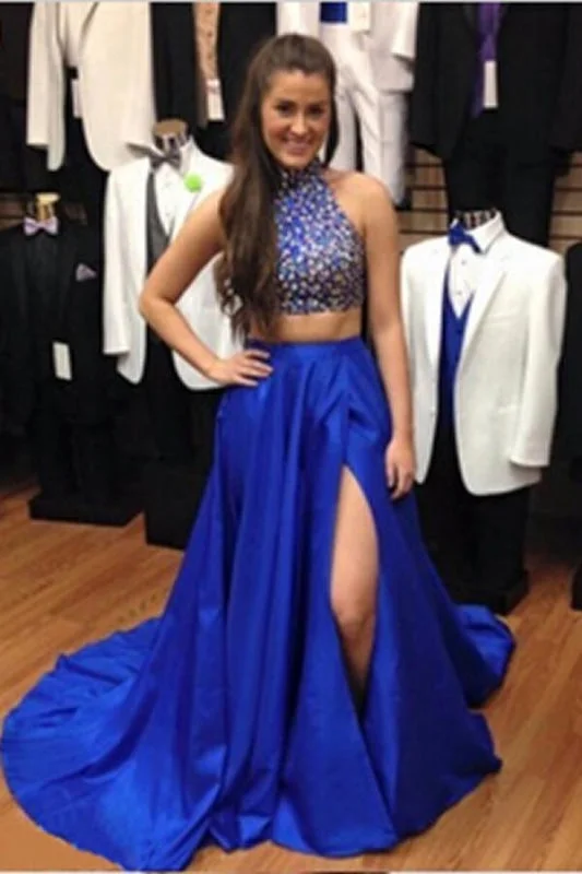 Two Pieces Royal Blue Beaded Long Prom Evening Dresses Tunics Bestseller popular