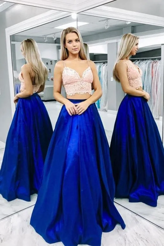 Two Pieces Royal Blue Satin Prom Dresses Spaghetti Strap Long Party Dress with Lace Tunics Luxurious premium