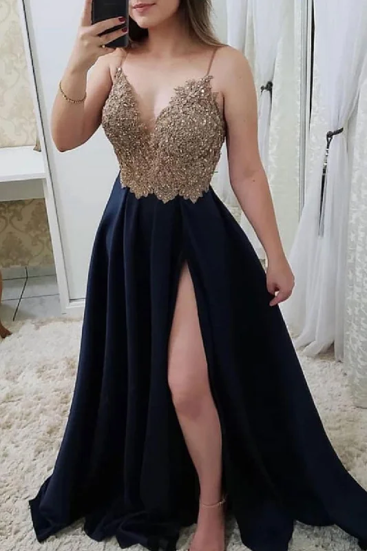 Unique lace satin long prom dress, lace long evening dress Tunics Occasion special