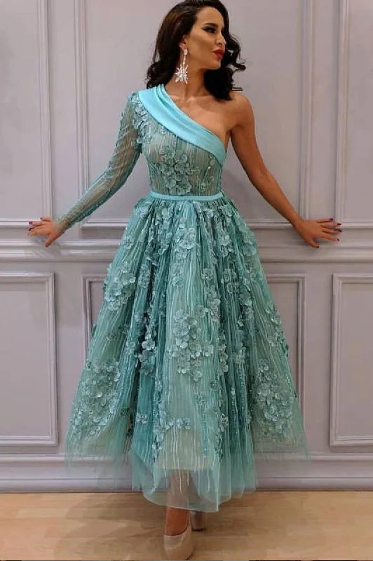 Unique one shoulder lace short prom dress, green evening dress Tunics Polka dots