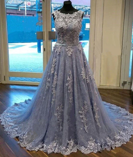 Unique round neck lace tulle long prom dress, lace evening dress Boatneck Modish Everyday