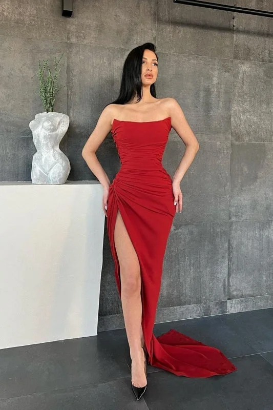 Unique Sweetheart Mermaid Red Prom Dresses with High Split Sleeveless Party Dress Chiffon Maxi Beach