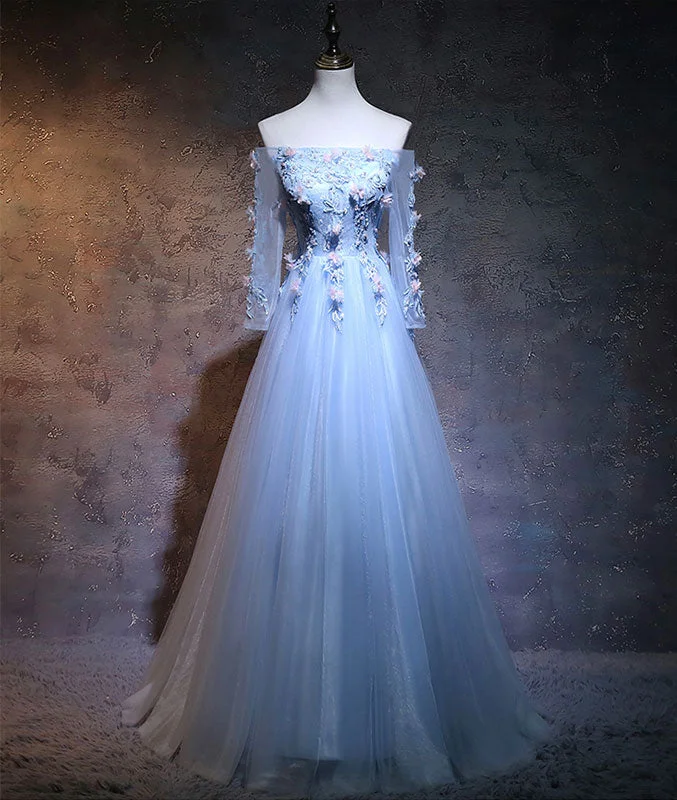 Unique tulle lace applique long prom dress, blue evening dress Tunics Timeless classic