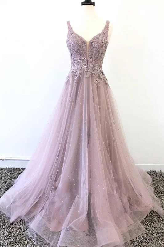 Unique v neck tulle lace long prom dress, tulle evening dress Tunics Office stylish