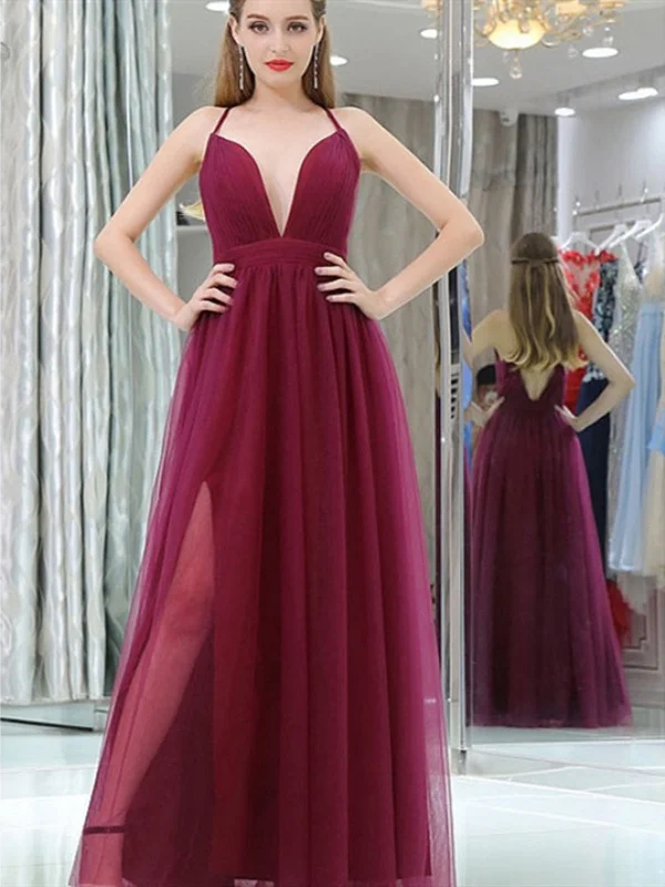 V Neck Sexy Backless Burgundy Prom Dresses With Leg Slit, Burgundy Tulle Bridesmaid Dresses, Formal Evening Dresses Tunics Trendy modern V Neck Sexy Backless Burgundy Prom Dresses With Leg Slit, Burgundy Tulle Bridesmaid Dresses, Formal Evening Dresses Tunics Trendy modern