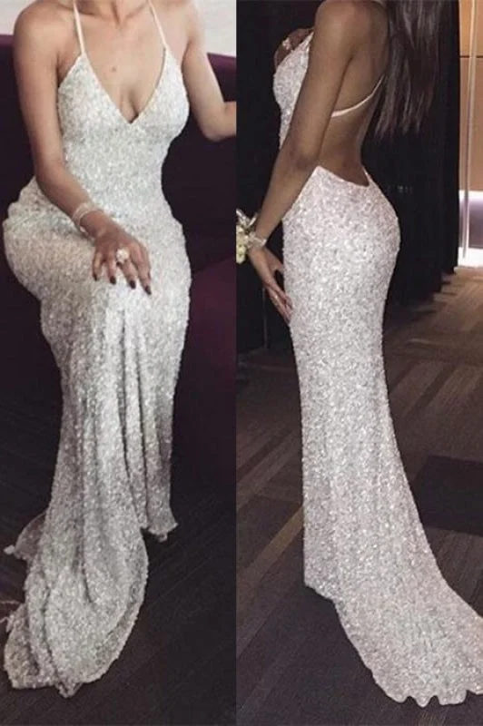 White Deep V neck Spaghetti Straps Sequin Mermaid Long Prom Dresses Sexy Evening Dress Tunics Ceremony elegant