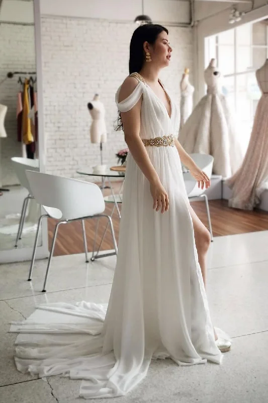 White off shoulder chiffon long prom dress, white evening dress Shift Classic Vintage