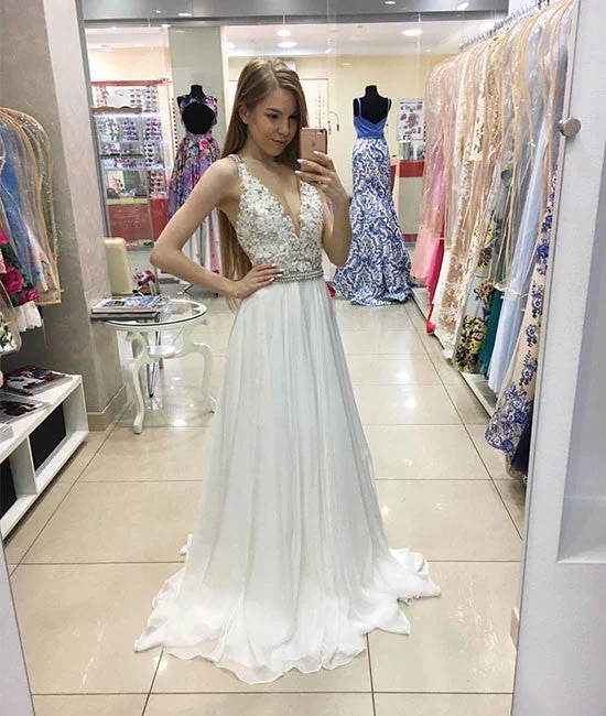 White v neck lace long prom dress, evening dress A-Line Day Work