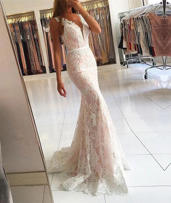 White v neck lace mermaid long prom dress, lace evening dress Tunics Wedding white