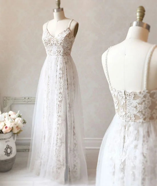 White v neck tulle lace long prom dress, white evening dress Turtleneck Warm Winter