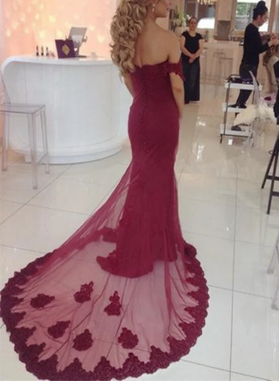 Wine Red Off Shoulder Sweetheart Lace Applique Party Dress, Charming Wedding Party Gowns A-Line Day Work Wine Red Off Shoulder Sweetheart Lace Applique Party Dress, Charming Wedding Party Gowns A-Line Day Work