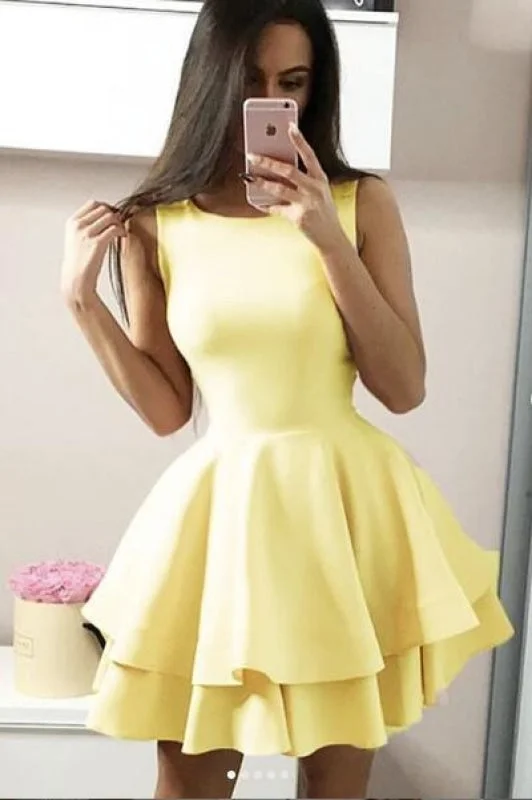 Yellow Two Tiers Sleeveless Satin Mini Party Dress A Line Short Prom Gowns Tunics Cozy soft Yellow Two Tiers Sleeveless Satin Mini Party Dress A Line Short Prom Gowns Tunics Cozy soft