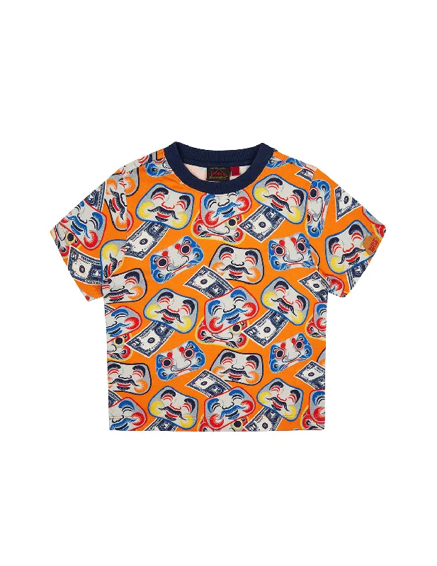 Allover Daruma Mask and Banknote Print T-shirt Asymmetrical Pockets Print