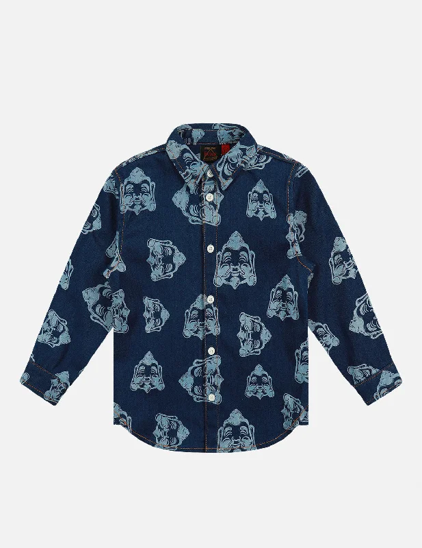 Allover Godhead Print Denim Shirt V-Neck T-Shirt Long Sleeve Cotton
