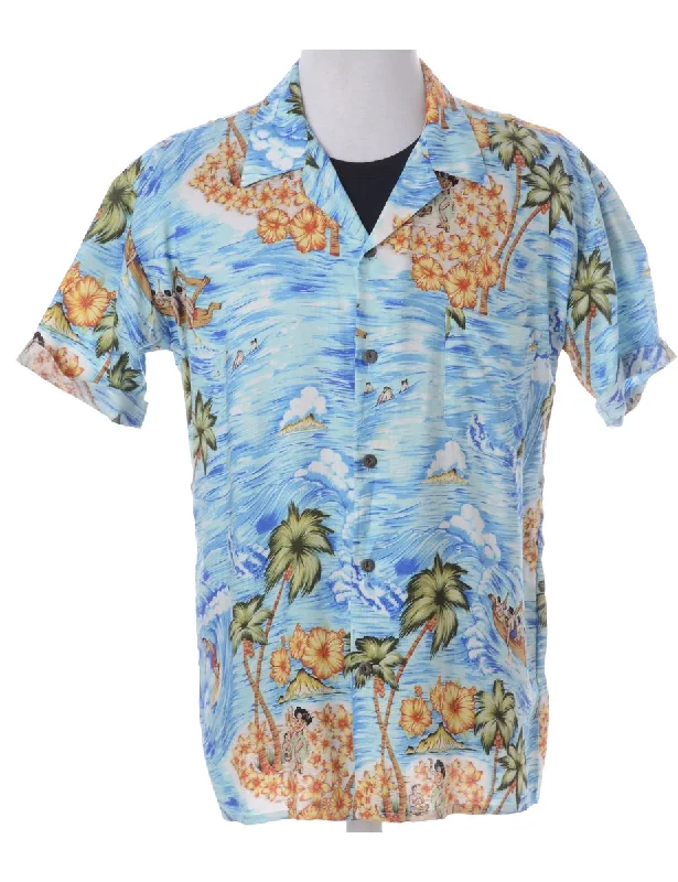 Label Harvey Roll Sleeve Hawaiian Shirt Spandex Blend Rayon Blend Denim Blend