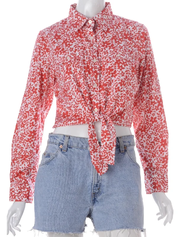 Label Jessie Cropped Patterned Shirt With Tie Front Mesh Canvas Denim