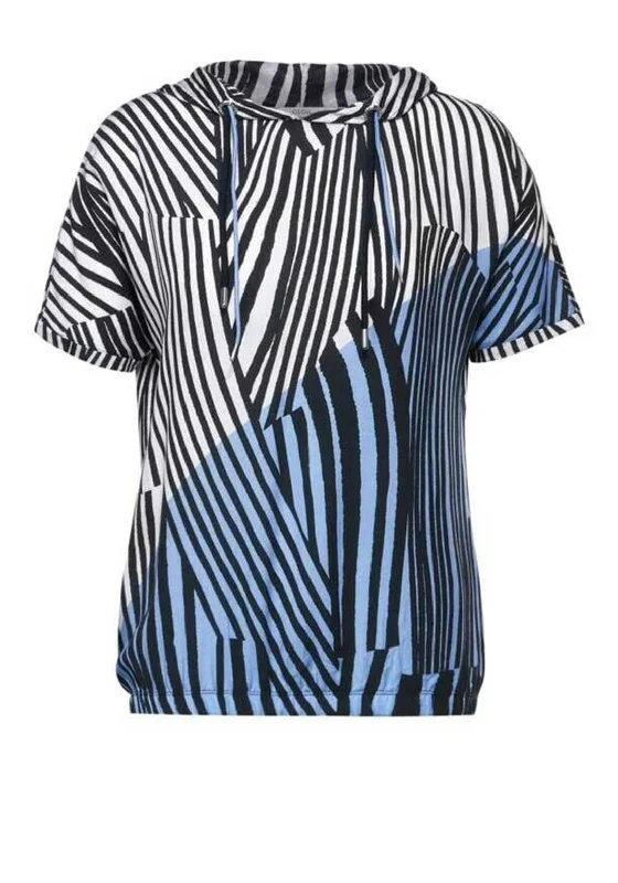 Cecil Multi Stripe T-Shirt with Hood, Universal Blue Hooded Caped Shawl Collar