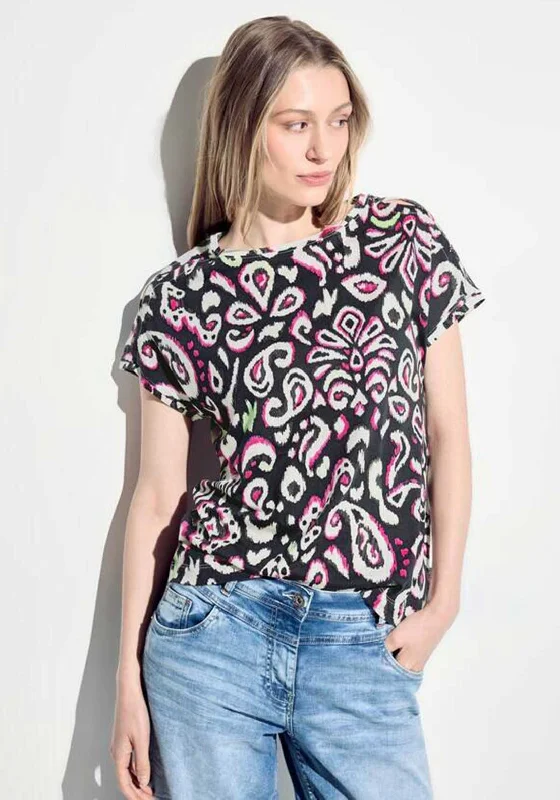 Cecil Paisley Inspired Printed T-Shirt, Black Collared Crew Neck Turtle Neck