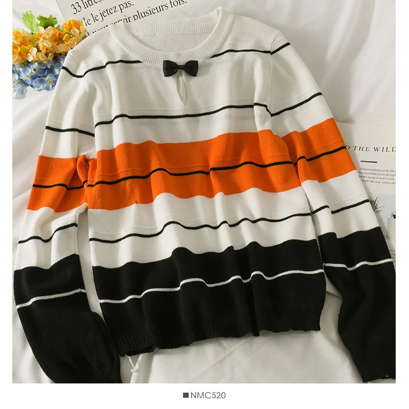Contrast stitched striped bow Crew Neck Long Sleeve T-Shirt 2062 Fleece Fabric Down Fabric Feather Fabric Contrast stitched striped bow Crew Neck Long Sleeve T-Shirt 2062 Fleece Fabric Down Fabric Feather Fabric